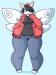  anthro arthropod clothed clothing dogfluid female hair hair_over_eye insect moth overweight simple_background smile solo standing wings 