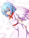 angel_wings arms_behind_back blue_hair blush bow bowtie feathers highres mai_(touhou) nervous solo teoi_(good_chaos) touhou touhou_(pc-98) wings 