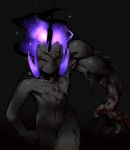  5_fingers ^_^ alternate_form black_background black_skin blood demon docu_(gcp) doppel eyes_closed featureless_crotch flaming_hair front_view glowing goo_creature gradient_background hair happy horn humanoid male monster_boy muscular muscular_male nipples nude pointy_ears purple_hair shape_shifter simple_background smile solo 