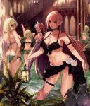  ass belt blonde_hair breasts cleavage commentary elf green_eyes green_hair highres kisui_(user_wswf3235) lantern large_breasts long_hair looking_at_viewer multiple_girls navel one_eye_closed original pantyhose pink_hair pointy_ears ponytail short_hair shorts swimsuit thighhighs very_long_hair 