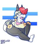  anthro breasts caprine clothed clothing dogfluid eyewear female glasses goat horn hybrid mammal overweight reptile scalie sitting solo sweat tongue tongue_out 