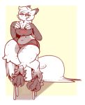  anthro avian clothed clothing dogfluid dripping female fur hair hybrid mammal sitting slightly_chubby solo sweat talons 
