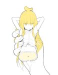  banana blonde_hair breast_pocket collared_shirt commentary doremi fingernails food fruit hands_up holding korean_commentary long_hair looking_at_viewer minigirl navel no_legs original personification pocket shirt short simple_background solo_focus white_background white_shirt wing_collar yellow_eyes 