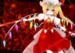  aizettonagi alternate_weapon blonde_hair bracelet chain commentary_request dress fang flandre_scarlet highres holding holding_weapon jewelry looking_at_viewer outstretched_arm puffy_short_sleeves puffy_sleeves red_background red_dress red_eyes short_hair short_sleeves smile touhou weapon wings 