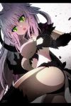  agrius_metamorphosis ass atalanta_(alter)_(fate) atalanta_(fate) bangs belt belt_buckle belt_collar black_belt black_collar black_legwear breasts buckle cat_tail collar eyebrows eyebrows_visible_through_hair fang fate/grand_order fate_(series) fingernails green_eyes hair_between_eyes highres legs_apart letterboxed long_fingernails long_hair medium_breasts multicolored_hair multiple_tails open_mouth purple_hair sana_hamada sharp_fingernails solo sparkle tail thighhighs two-tone_hair two_tails very_long_hair white_hair 