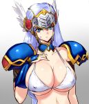  aqua_eyes arm_at_side bangs bikini_top blue_armor braid breast_suppress breasts cleavage closed_mouth collarbone commentary_request covered_nipples feathered_wings frown gold_trim gradient gradient_background hair_between_eyes hand_up headpiece highres huge_breasts lenneth_valkyrie light_blue_hair long_braid long_hair midriff negresco partial_commentary pauldrons single_braid solo straight_hair sweatdrop underboob upper_body valkyrie_profile vambraces very_long_hair white_bikini_top white_wings wings 