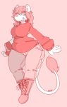  anthro clothed clothing dogfluid feline female lion looking_at_viewer mammal one_eye_closed red_theme scarf slightly_chubby smile solo 