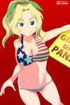  absurdres adjusting_clothes adjusting_swimsuit alternate_hairstyle american_flag american_flag_bikini artist_name bikini blonde_hair blue_eyes breasts cleavage closed_mouth collarbone commentary_request copyright_name cowboy_shot dated eyebrows_visible_through_hair flag_print girls_und_panzer green_ribbon hair_intakes hair_ribbon highres holding kay_(girls_und_panzer) large_breasts long_hair looking_at_viewer navel ponytail red_background ribbon shiroobi_(whitebeltmaster) sign signature simple_background smile solo standing swimsuit watermark 