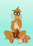  2018 3_toes 4_fingers anthro archibadzzz blue_background boxer_briefs bulge cat claws clothed clothing digital_drawing_(artwork) digital_media_(artwork) eddie_(cedamuc1) erection erection_under_clothes eyewear feline fur glasses gradient_background half-closed_eyes hi_res jockstrap male mammal masturbation pawpads paws penis pink_nose red_bottomwear red_clothing red_underwear simple_background smile solo toe_claws toes topless underwear underwear_sniffing yellow_bottomwear yellow_clothing yellow_underwear 
