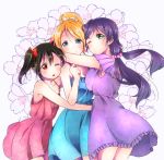  ;o ayase_eli bangs black_hair blonde_hair blue_dress blue_eyes bow clenched_hand commentary_request dress floral_print frilled_dress frills girl_sandwich green_eyes hair_bow half-closed_eyes hand_up hiichan hug long_hair looking_at_viewer looking_back love_live! love_live!_school_idol_project low_twintails multiple_girls one_eye_closed pink_dress ponytail purple_dress purple_hair purple_scrunchie red_bow red_eyes sandwiched scrunchie short_sleeves spaghetti_strap toujou_nozomi twintails white_scrunchie yazawa_nico yuri 