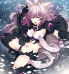  agrius_metamorphosis animal_ears atalanta_(alter)_(fate) atalanta_(fate) bangs belt_buckle belt_collar black_collar black_gloves black_legwear black_panties boar breasts buckle cat_ears cat_tail cleavage collar elbow_gloves eyebrows fangs fate/grand_order fate_(series) gloves glowing glowing_eye gradient_hair green_eyes grey_hair highres long_hair medium_breasts midriff multicolored_hair multiple_tails navel open_mouth panties pink_pupils ponita purple_hair slit_pupils snow solo stomach tail tears thighhighs tongue tsurime two_tails underwear v-shaped_eyebrows very_long_hair 