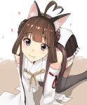  ahoge all_fours animal_ears bare_shoulders boots breasts brown_hair brown_skirt cat_ears commentary detached_sleeves double_bun eyebrows_visible_through_hair fake_animal_ears hairband heart highres kantai_collection kongou_(kantai_collection) large_breasts long_hair looking_at_viewer masukuza_j nontraditional_miko pleated_skirt purple_eyes simple_background skirt smile solo thigh_boots thighhighs white_background 