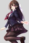  black_hair black_legwear black_skirt blush bow breasts commentary_request eyebrows_visible_through_hair hair_bow large_breasts long_hair long_sleeves open_mouth original pantyhose pleated_skirt red_eyes rikudou_inuhiko school_uniform skirt solo white_bow 