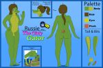  2018 alligator anthro balls brown_hair crocodilian dr_zombie feet girly green_skin hair invalid_tag looking_at_viewer male model_sheet penis ponytail reptile russie scalie yellow_eyes 