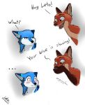  ... annoyed anthro blue_fur blush canine clothed clothing disney english_text fox fur letodoesart mammal nick_wilde orange_fur tan_fur text topless white_fur zootopia 