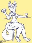  anthro beverage bow_tie canine clothed clothing dogfluid fur glass looking_at_viewer male mammal restricted_palette sitting smile solo 