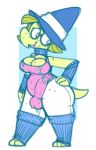  anthro breasts chibi clothed clothing dickgirl dogfluid erection erection_under_clothes eyewear glasses hat intersex leotard scalie solo sweat toony 