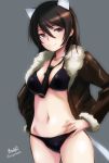  adolfine_galland animal_ears artist_name between_breasts bikini black_bikini black_hair blue_eyes breasts brown_jacket cat_ears cat_tail cowboy_shot fur-trimmed_jacket fur_trim grey_background hands_on_hips haruhata_mutsuki jacket long_hair looking_at_viewer medium_breasts simple_background smile solo strike_witches swimsuit tail twitter_username world_witches_series 