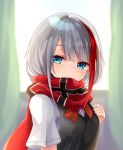  admiral_graf_spee_(azur_lane) alternate_costume azur_lane bangs black_vest blue_eyes blush breasts commentary_request covered_mouth day eyebrows_visible_through_hair indoors looking_at_viewer multicolored_hair oshishio red_hair red_neckwear red_scarf scarf school_uniform shirt short_hair short_sleeves sidelocks silver_hair small_breasts solo streaked_hair sunlight vest white_shirt window 