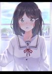  :o black_hair blue_sky blush commentary confession eyebrows_visible_through_hair grey_eyes hairband letterboxed long_sleeves looking_at_viewer neck_ribbon original parted_lips red_neckwear red_ribbon ribbon sailor_collar school_uniform serafuku sky solo surprised upper_body white_sailor_collar wide-eyed window yuki_arare 