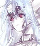  3: android blue_hair closed_mouth eyebrows eyebrows_visible_through_hair eyelashes forehead_protector frown kos-mos kos-mos_ver._4 long_hair looking_away negresco portrait red_eyes simple_background solo upper_body white_background xenosaga 