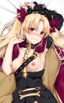  arm_up armpits black_dress black_nails blonde_hair blush breasts breasts_outside cape closed_mouth detached_sleeves dress dress_pull earrings ereshkigal_(fate/grand_order) eyebrows_visible_through_hair fate/grand_order fate_(series) frown hair_ribbon hoop_earrings jewelry long_hair looking_at_viewer lying mamemena medium_breasts nail_polish nipples no_bra nose_blush on_back purple_cape purple_ribbon red_eyes ribbon single_sleeve skull solo sweat twintails wavy_mouth 