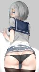  against_wall ass black_panties blue_eyes blush breasts from_behind hair_ornament hair_over_one_eye hairclip hamakaze_(kantai_collection) kantai_collection large_breasts looking_back lowleg lowleg_panties microskirt panties pantyhose pantyhose_pull pleated_skirt school_uniform serafuku shade short_hair short_sleeves silver_hair single_horizontal_stripe skindentation skirt skirt_lift solo suzuharu_toufu third-party_source underwear 