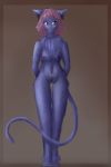  2018 anthro areola blush breasts digital_media_(artwork) dragoneith dragoneith_(artist) female fluffy fur hair looking_at_viewer nipples nude pink_hair purple_nipples pussy pussy_juice short_hair simple_background simple_pose solo standing 