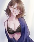  bangs black_bra blush bra breasts brown_hair cleavage commentary earrings glasses green_eyes hair_between_eyes head_tilt jewelry large_breasts licking_lips looking_at_viewer magako mole necklace off_shoulder open_clothes open_shirt original short_hair solo tongue tongue_out underwear upper_body 