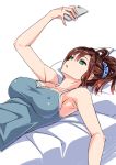  armpits bored breasts brown_hair cellphone check_commentary chinatsu_(suzutsuki_kurara) commentary commentary_request covered_nipples green_eyes highres large_breasts lying no_bra on_back open_mouth original phone pillow ponytail simple_background smartphone suzutsuki_kurara white_background 