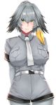  absurdres arms_behind_back bangs belt black_hair bodystocking breast_pocket breasts bright_background closed_mouth collared_shirt cowboy_shot grey_hair grey_shirt grey_shorts hair_ornament hairclip highres impossible_clothes impossible_shirt kemono_friends large_breasts long_hair long_sleeves looking_at_viewer low_ponytail multicolored_hair necktie orange_hair pantyhose pocket shiny shiny_hair shirt shirt_tucked_in shoebill_(kemono_friends) short_over_long_sleeves short_sleeves shorts side_ponytail solo standing white_neckwear wing_collar yashichii yellow_eyes 