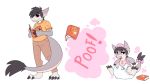  age_regression animate_inanimate anthro baby bib black_sclera brown_hair cub cuddlehooves diaper hair magic male pacifier plushie ribbons sergal simple_background sitting tail_ribbon transformation white_background young 