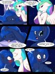  anthro big_breasts blush breasts clothed clothing comic dialogue digital_media_(artwork) duo english_text equine eyes_closed female female/female friendship_is_magic hair half-closed_eyes hi_res horn kissing long_hair mammal multicolored_hair my_little_pony open_mouth princess_celestia_(mlp) princess_luna_(mlp) suirano text winged_unicorn wings 