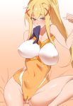  adapted_costume bare_shoulders blonde_hair blue_eyes blush breasts cameltoe covered_navel covered_nipples darkness_(konosuba) glove_in_mouth gloves gloves_removed kono_subarashii_sekai_ni_shukufuku_wo! large_breasts long_hair looking_at_viewer mouth_hold self_fondle sidelocks sleeveless solo sweat yostxxx 