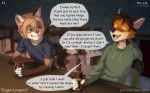  2018 alcohol anthro bar beer beverage blonde_hair blue_eyes blue_shirt bottle brown_hair canine cat clothed clothing comic detailed_background dialogue duo english_text eyes_closed feline fox fur glass green_sweatshirt hair half-closed_eyes humor iskra male mammal multicolored_fur orange_fur shirt smile sweatshirt teeth text two_tone_fur white_fur 