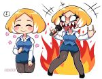  1girl aggressive_retsuko angry blue_blouse blue_skirt breasts curvy dual_persona fire heavy_metal holding_microphone long_eyelashes long_sleeves markings microphone pantyhose personification retsuko skirt smile 