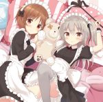  alternate_costume anglerfish bandages bed blush boko_(girls_und_panzer) brown_hair duster eyebrows_visible_through_hair frilled_pillow frills girls_und_panzer hair_ribbon knee_up light_brown_hair long_hair lying maid multiple_girls nishizumi_miho on_back on_side parted_lips pillow ribbon shimada_arisu short_hair shuuichi_(gothics) side_ponytail smile stuffed_animal stuffed_toy teddy_bear thighhighs underbust wing_collar 