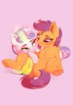  2018 absurd_res anus banana blush digital_media_(artwork) dock duo equine evehly food friendship_is_magic fruit hair hi_res hooves horn mammal multicolored_hair my_little_pony pegasus pussy pussy_juice scootaloo_(mlp) simple_background spread_legs spreading sweetie_belle_(mlp) two_tone_hair underhoof unicorn wings young 