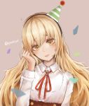  blonde_hair blush brown_background brown_eyes confetti envysoi eyebrows_visible_through_hair hat highres long_hair long_sleeves looking_at_viewer original parted_lips party_hat simple_background smile solo twitter_username upper_body very_long_hair 