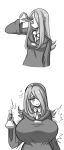  1girl blush breast_expansion drinking eyes_closed greyscale hair_over_one_eye happy huge_breasts little_witch_academia monochrome potion pride-kun smile solo sucy_manbavaran witch 