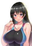  black_hair blue_eyes blush braid breasts cleavage collarbone competition_swimsuit french_braid hair_ornament hairclip hand_up highres large_breasts long_hair looking_at_viewer nijisanji one-piece_swimsuit simple_background smile solo swimsuit takeda_aranobu tsukino_mito white_background 