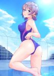  :o =o adjusting_clothes adjusting_swimsuit alternate_hairstyle ass back_cutout bangs bare_shoulders blue_eyes breasts cloud cloudy_sky competition_swimsuit covered_nipples day eyebrows_visible_through_hair fence grey_hair hair_ornament hair_scrunchie highleg highleg_swimsuit highres kanabun looking_at_viewer looking_back love_live! love_live!_sunshine!! medium_breasts one-piece_swimsuit open_mouth orange_scrunchie pool poolside scrunchie short_hair sky solo swimsuit thighs twintails watanabe_you water wet 