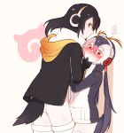  2girls black_hair blonde_hair blush commentary_request emperor_penguin_(kemono_friends) eyebrows_visible_through_hair hand_on_another's_face headphones height_difference hood hoodie japari_symbol kemono_friends leotard long_hair long_sleeves multicolored_hair multiple_girls nose_blush penguin_tail pink_hair royal_penguin_(kemono_friends) seto_(harunadragon) tail thighhighs twintails yuri 
