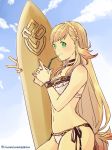  absurdres bikini blonde_hair blush braid day fire_emblem fire_emblem_heroes green_eyes highres long_hair looking_at_viewer low-tied_long_hair nishimura_(nianiamu) sharena simple_background sky smile solo surfboard swimsuit very_long_hair white_background 