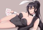  animal_ears bangs black_hair black_vest blush bow bowtie breasts bunny_ears bunny_girl bunnysuit card cleavage commentary_request covered_navel detached_collar earrings extra_ears eyebrows_visible_through_hair fishnet_pantyhose fishnets grey_background hair_between_eyes hips idolmaster idolmaster_shiny_colors jewelry large_breasts leotard long_hair looking_at_viewer lying moo_yoshio on_side open_mouth pantyhose ponytail shirase_sakuya simple_background smile solo thighs vest wrist_cuffs yellow_eyes 