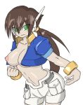  1girl aile alternate_breast_size bent_over bracelet breasts brown_hair capcom clenched_hand cropped_jacket erect_nipples eyebrows_visible_through_hair green_eyes inti_creates jacket large_breasts long_hair nipples ponytail puffy_short_sleeves rockman rockman_zx rockman_zx_advent shorts third-party_edit uranium_777 