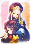  abigail_williams_(fate/grand_order) bangs black_hair black_hat black_kimono blonde_hair blue_eyes bow calligraphy_brush commentary_request dated fate/grand_order fate_(series) fine_art_parody flower funaya_sakichi giant_brush hair_flower hair_ornament hairpin hat holding holding_paintbrush ink japanese_clothes katsushika_hokusai_(fate/grand_order) kimono long_hair multiple_girls nihonga object_hug orange_bow paintbrush parody parted_bangs polka_dot polka_dot_bow short_hair signature stuffed_animal stuffed_toy teddy_bear traditional_media twitter_username ukiyo-e very_long_hair 