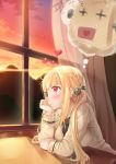  ahoge black_bow blonde_hair blush bow breasts closed_mouth desk eyebrows_visible_through_hair heart highres ifnil indoors large_breasts long_hair long_sleeves looking_away original red_eyes smile solo sunset thought_bubble translation_request twintails window 