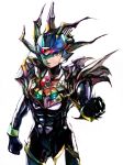 1boy alternate_costume android byte_(grunty-hag1) clenched_hand copy_x cowboy_shot looking_at_viewer male_focus red_eyes rockman rockman_zero serious shoulder_spikes simple_background solo spiked_helmet white_background 