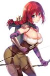  arrow ass belt between_breasts blurry blush bow_(weapon) bracer braid breasts bursting_breasts capelet character_request cleavage commentary_request contrapposto cowboy_shot depth_of_field elbow_gloves eyebrows_visible_through_hair gloves hair_between_eyes hair_ribbon hangyaku_seyo!_eiyuu_tenjite_jashin_kishi holding holding_arrow holding_bow_(weapon) holding_weapon large_breasts leg_armor long_hair looking_at_viewer matarou_(genkai_toppa) purple_eyes quiver red_hair ribbon sam_browne_belt shiny shiny_hair shiny_skin shoulder_armor shoulder_pads sidelocks simple_background single_braid solo spaulders standing thighhighs tsurime v-shaped_eyebrows weapon white_background 